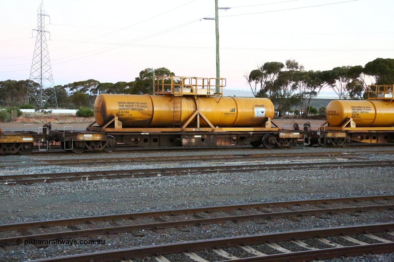 160523 3613
West Kalgoorlie, AQHY 30070 with sulphuric acid tank CSA 0135, originally built by WAGR Midland Workshops in 1964/66 as a WF type flat waggon, then in 1997, following several recodes and modifications, was one of seventy five waggons converted to the WQH type to carry CSA sulphuric acid tanks between Hampton/Kalgoorlie and Perth/Kwinana, part of loaded acid train 2406 arriving back in the yard. CSA 0135 was built by Vcare Engineering, India for Access Petrotec & Mining Solutions in 2015.
Keywords: AQHY-type;AQHY30070;WAGR-Midland-WS;WF-type;WFDY-type;WFDF-type;WQH-type;