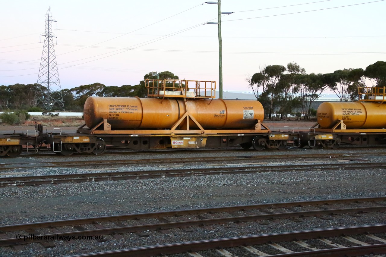 160523 3615
West Kalgoorlie, AQHY 30084 with sulphuric acid tank CSA 0097, originally built by WAGR Midland Workshops in 1964/66 as a WF type flat waggon, then in 1997, following several recodes and modifications, was one of seventy five waggons converted to the WQH type to carry CSA sulphuric acid tanks between Hampton/Kalgoorlie and Perth/Kwinana, part of loaded acid train 2406 arriving back in the yard. CSA 0097 was built by Vcare Engineering, India for Access Petrotec & Mining Solutions in 2015.
Keywords: AQHY-type;AQHY30084;WAGR-Midland-WS;WF-type;WFDY-type;WFDF-type;RFDF-type;WQH-type;