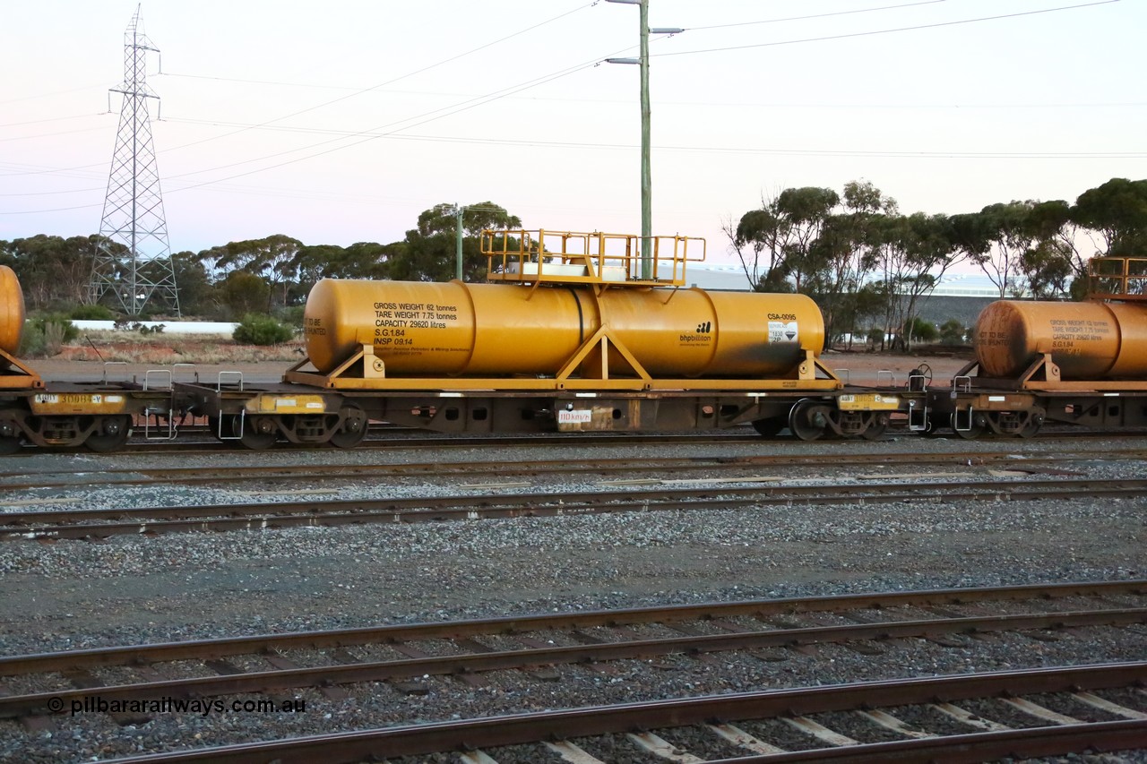 160523 3616
West Kalgoorlie, AQHY 30053 with sulphuric acid tank CSA 0095, originally built by WAGR Midland Workshops in 1964/66 as a WF type flat waggon, then in 1997, following several recodes and modifications, was one of seventy five waggons converted to the WQH type to carry CSA sulphuric acid tanks between Hampton/Kalgoorlie and Perth/Kwinana, part of loaded acid train 2406 arriving back in the yard. CSA 0095 was built by Vcare Engineering, India for Access Petrotec & Mining Solutions in 2015.
Keywords: AQHY-type;AQHY30053;WAGR-Midland-WS;WF-type;WFDY-type;WFDF-type;RFDF-type;WQH-type;