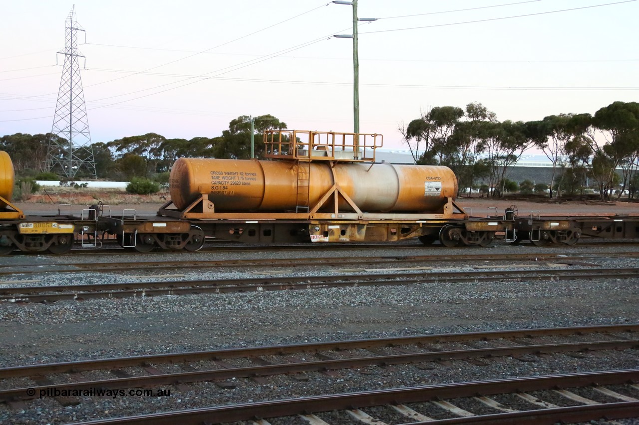 160523 3617
West Kalgoorlie, AQHY 30039 with sulphuric acid tank CSA 0110, originally built by WAGR Midland Workshops in 1964/66 as a WF type flat waggon, then in 1997, following several recodes and modifications, was one of seventy five waggons converted to the WQH type to carry CSA sulphuric acid tanks between Hampton/Kalgoorlie and Perth/Kwinana, part of loaded acid train 2406 arriving back in the yard. CSA 0110 was built by Vcare Engineering, India for Access Petrotec & Mining Solutions in 2015.
Keywords: AQHY-type;AQHY30039;WAGR-Midland-WS;WF-type;WFDY-type;WFDF-type;RFDF-type;WQH-type;