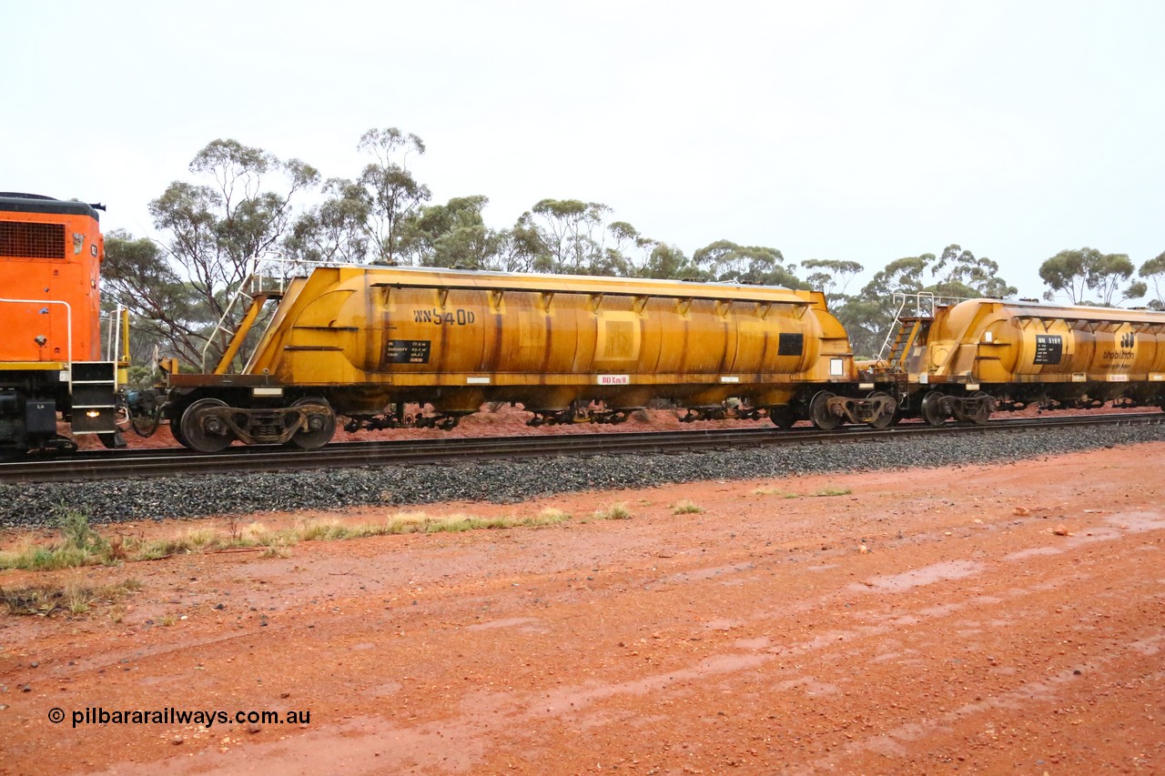 160524 4363
Binduli, nickel concentrate train 3438, WN type pneumatic discharge nickel concentrate waggon WN 540, the final of a further ten built by WAGR Midland Workshops as WN type in 1975 for WMC.
Keywords: WN-type;WN540;WAGR-Midland-WS;