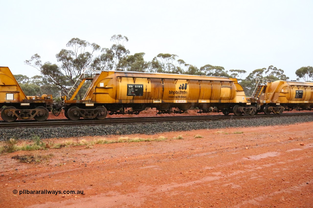 160524 4364
Binduli, nickel concentrate train 3438, WN type pneumatic discharge nickel concentrate waggon WN 519, one of thirty built by AE Goodwin NSW as WN type in 1970 for WMC.
Keywords: WN-type;WN519;AE-Goodwin;