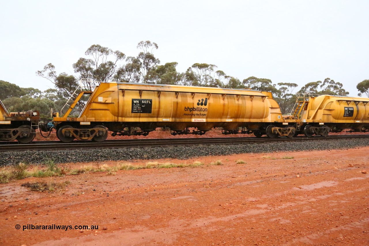 160524 4365
Binduli, nickel concentrate train 3438, WN type pneumatic discharge nickel concentrate waggon WN 507, one of thirty built by AE Goodwin NSW as WN type in 1970 for WMC.
Keywords: WN-type;WN507;AE-Goodwin;