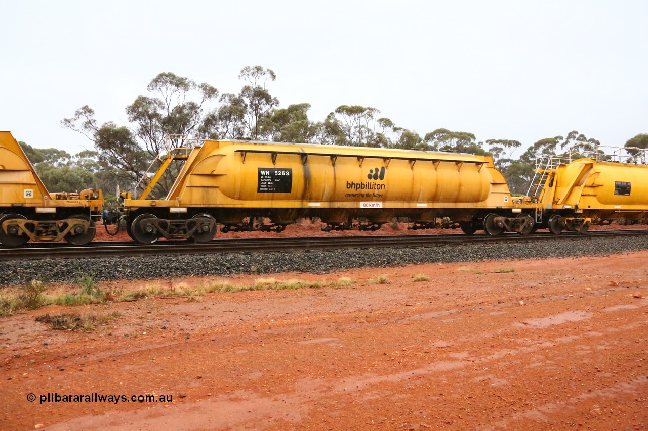 160524 4366
Binduli, nickel concentrate train 3438, WN type pneumatic discharge nickel concentrate waggon WN 526, one of thirty built by AE Goodwin NSW as WN type in 1970 for WMC.
Keywords: WN-type;WN526;AE-Goodwin;