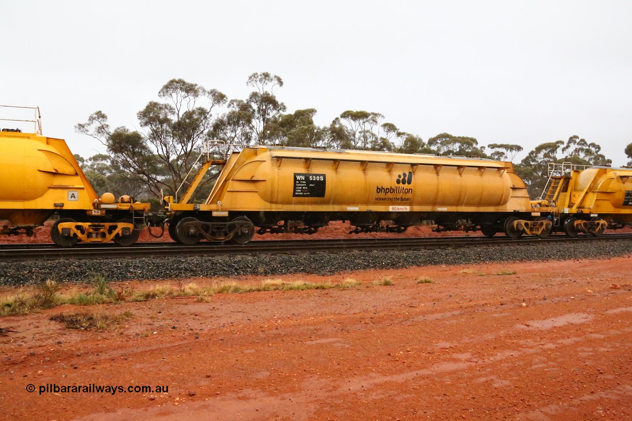 160524 4368
Binduli, nickel concentrate train 3438, WN type pneumatic discharge nickel concentrate waggon WN 530, one of thirty built by AE Goodwin NSW as WN type in 1970 for WMC.
Keywords: WN-type;WN530;AE-Goodwin;