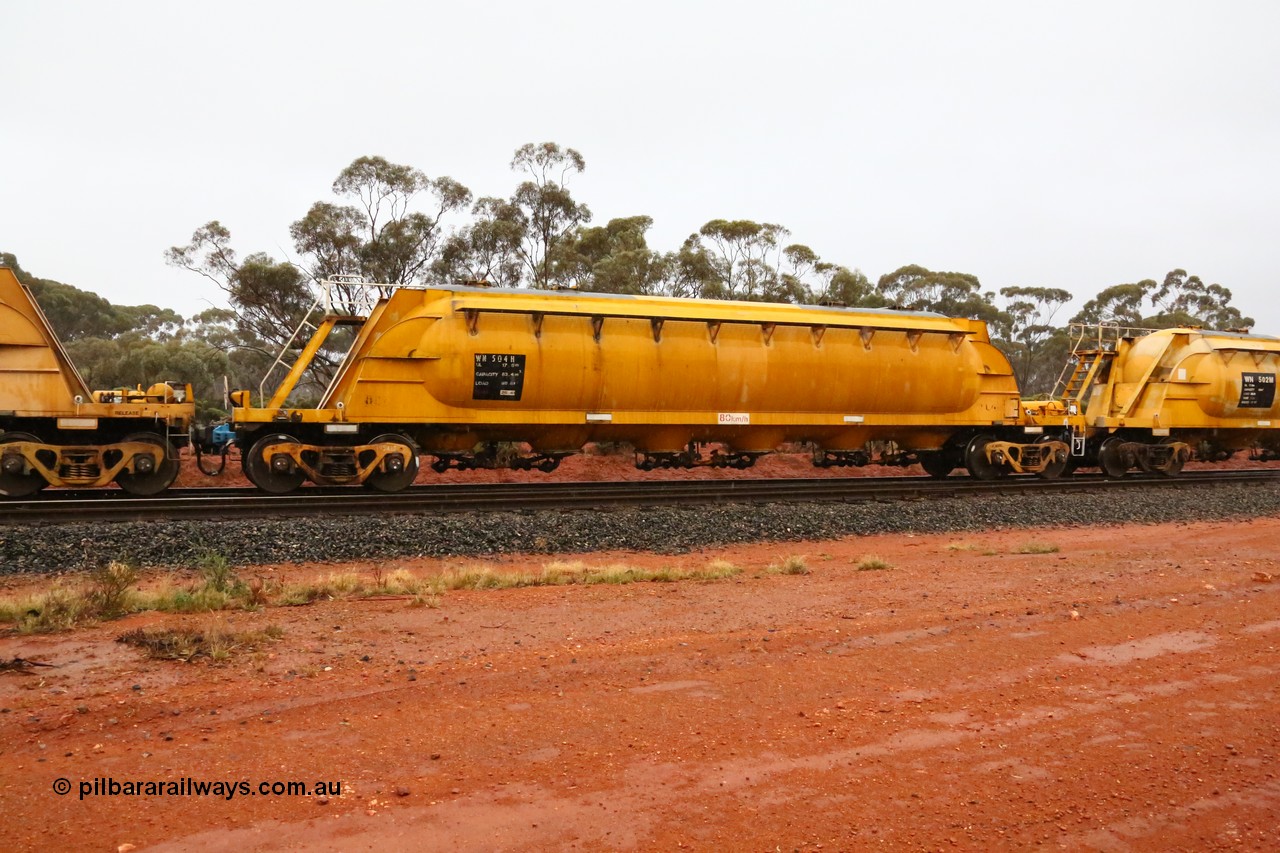 160524 4369
Binduli, nickel concentrate train 3438, WN type pneumatic discharge nickel concentrate waggon WN 504, one of thirty built by AE Goodwin NSW as WN type in 1970 for WMC.
Keywords: WN-type;WN504;AE-Goodwin;