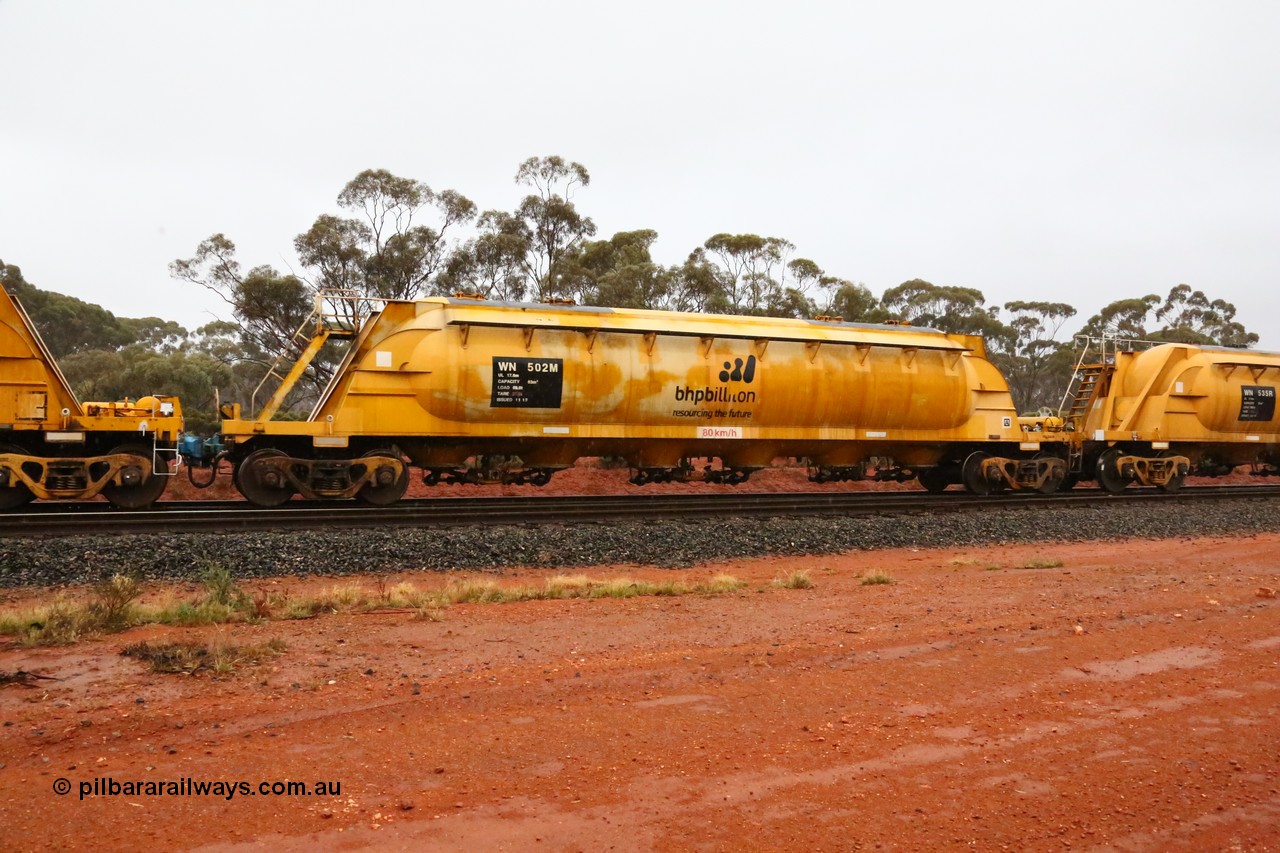 160524 4370
Binduli, nickel concentrate train 3438, WN type pneumatic discharge nickel concentrate waggon WN 502, one of thirty built by AE Goodwin NSW as WN type in 1970 for WMC.
Keywords: WN-type;WN502;AE-Goodwin;