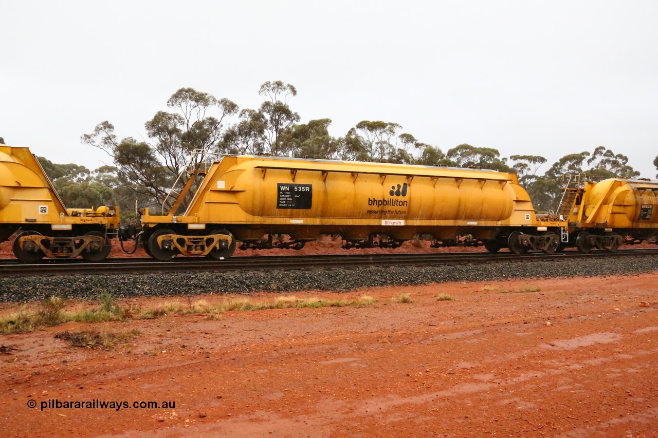 160524 4371
Binduli, nickel concentrate train 3438, WN type pneumatic discharge nickel concentrate waggon WN 535, one of a further ten built by WAGR Midland Workshops as WN type in 1975 for WMC.
Keywords: WN-type;WN535;WAGR-Midland-WS;
