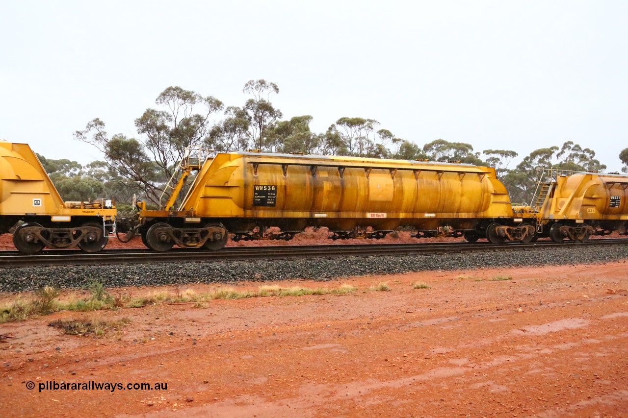 160524 4372
Binduli, nickel concentrate train 3438, WN type pneumatic discharge nickel concentrate waggon WN 536, one of a further ten built by WAGR Midland Workshops as WN type in 1975 for WMC.
Keywords: WN-type;WN536;WAGR-Midland-WS;