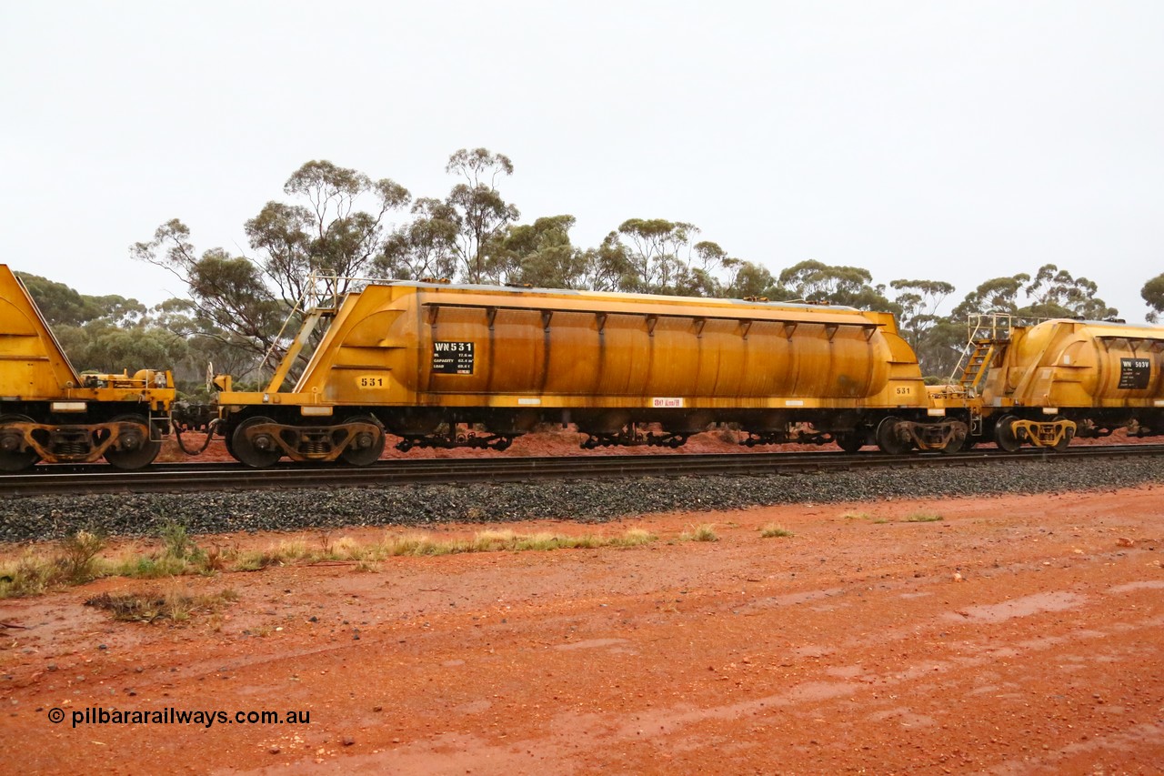 160524 4373
Binduli, nickel concentrate train 3438, WN type pneumatic discharge nickel concentrate waggon WN 531, first of a further ten built by WAGR Midland Workshops as WN type in 1975 for WMC.
Keywords: WN-type;WN531;WAGR-Midland-WS;