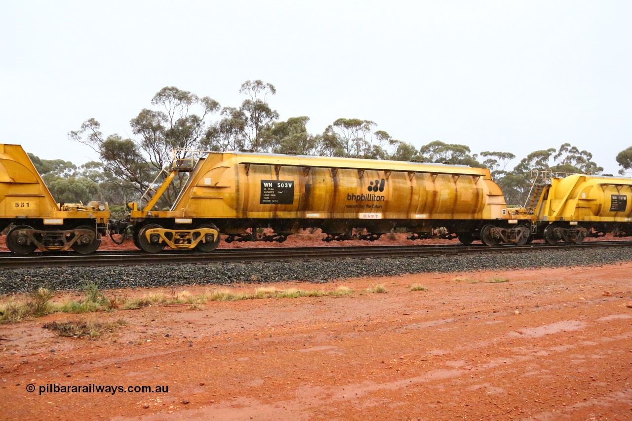160524 4374
Binduli, nickel concentrate train 3438, WN type pneumatic discharge nickel concentrate waggon WN 503, one of thirty built by AE Goodwin NSW as WN type in 1970 for WMC.
Keywords: WN-type;WN503;AE-Goodwin;