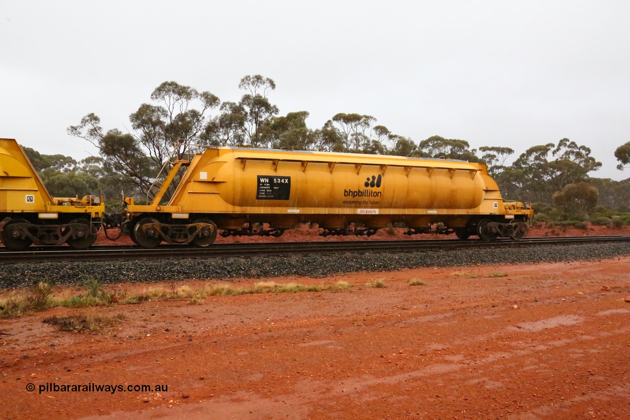 160524 4376
Binduli, nickel concentrate train 3438, WN type pneumatic discharge nickel concentrate waggon WN 534, one of a further ten built by WAGR Midland Workshops as WN type in 1975 for WMC.
Keywords: WN-type;WN534;WAGR-Midland-WS;
