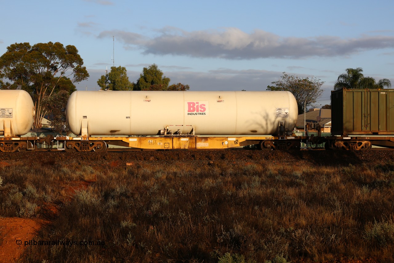 160525 4399
Kalgoorlie, Malcolm freighter, train 3029, AZKY type anhydrous ammonia tank waggon AZKY 32235, one of twelve built by Goninan WA in 1998 as type WQK for Murrin Murrin traffic, fitted with Bis Industries anhydrous ammonia tank A7S.
Keywords: AZKY-type;AZKY32235;Goninan-WA;WQK-type;