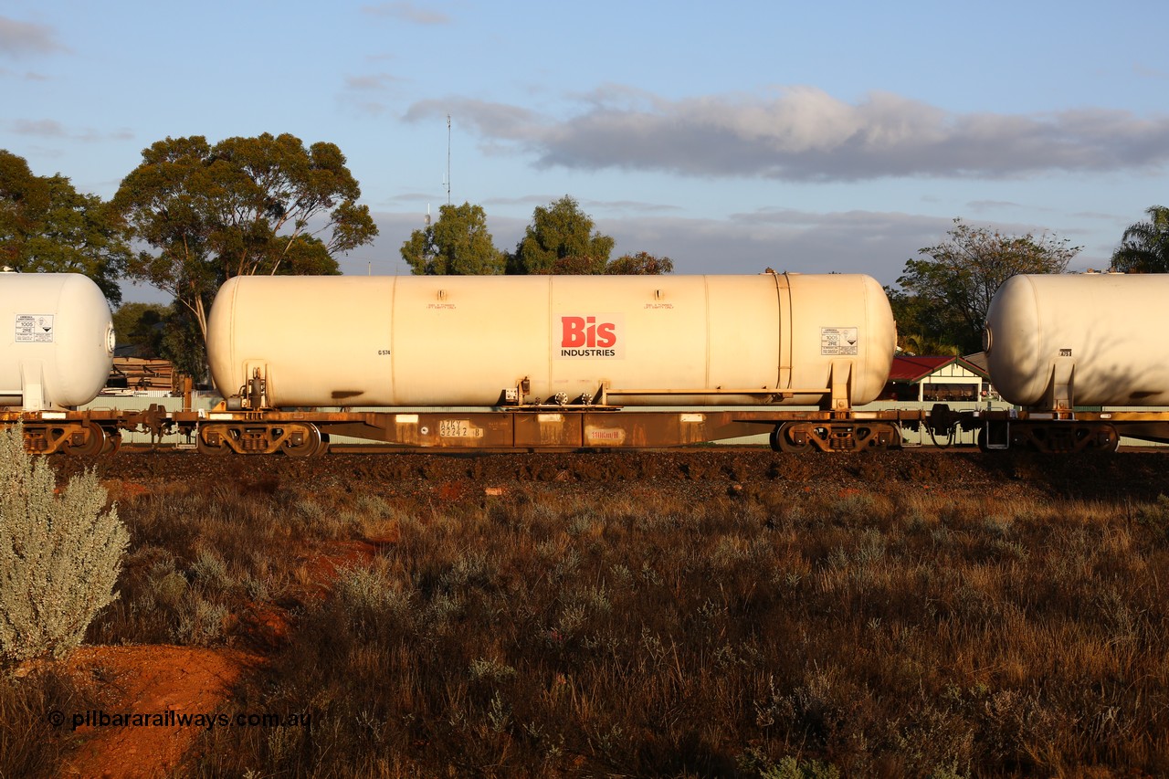 160525 4400
Kalgoorlie, Malcolm freighter, train 3029, AZKY type anhydrous ammonia tank waggon AZKY 32242, the final unit of twelve units built by Goninan WA in 1998 as type WQK for Murrin Murrin traffic, fitted with Bis Industries anhydrous ammonia tank.
Keywords: AZKY-type;AZKY32242;Goninan-WA;WQK-type;