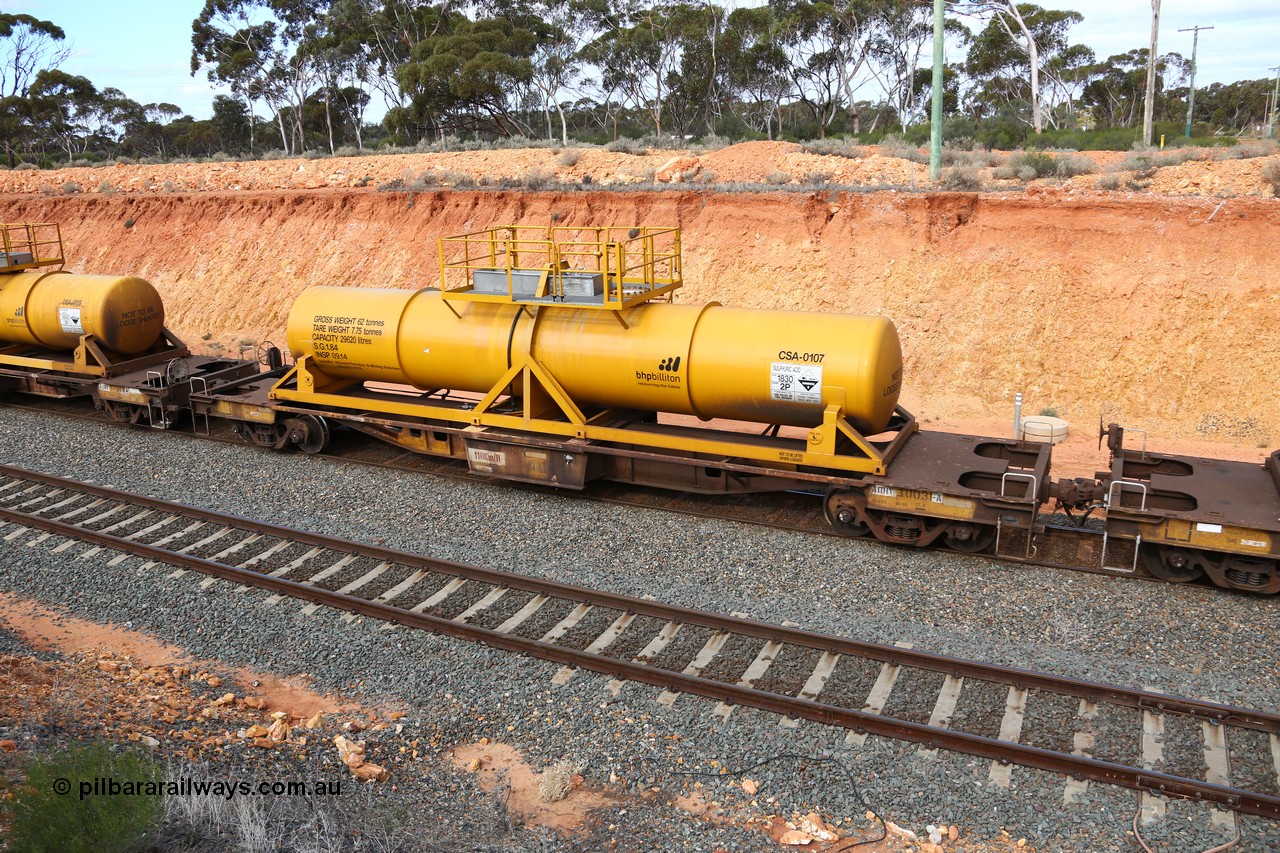 160525 4805
West Kalgoorlie, AQHY 30031 with sulphuric acid tank CSA 0107, originally built by WAGR Midland Workshops in 1964/66 as a WF type flat waggon, then in 1997, following several recodes and modifications, was one of seventy five waggons converted to the WQH type to carry CSA sulphuric acid tanks between Hampton/Kalgoorlie and Perth/Kwinana, part of empty acid train 4405 departing in the yard. CSA 0107 was built by Vcare Engineering, India for Access Petrotec & Mining Solutions in 2015.
Keywords: AQHY-type;AQHY30031;WAGR-Midland-WS;WF-type;WFW-type;WFDY-type;WFDF-type;RFDF-type;WQH-type;