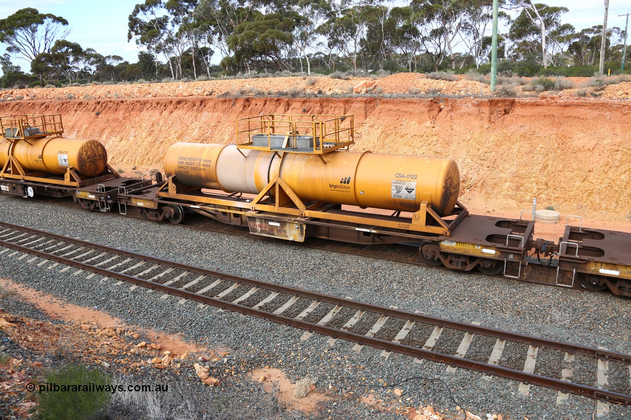 160525 4808
West Kalgoorlie, AQHY 30026 with sulphuric acid tank CSA 0122, originally built by WAGR Midland Workshops in 1964/66 as a WF type flat waggon, then in 1997, following several recodes and modifications, was one of seventy five waggons converted to the WQH type to carry CSA sulphuric acid tanks between Hampton/Kalgoorlie and Perth/Kwinana, part of empty acid train 4405 departing in the yard. CSA 0122 was built by Vcare Engineering, India for Access Petrotec & Mining Solutions in 2015.
Keywords: AQHY-type;AQHY30026;WAGR-Midland-WS;WF-type;WFW-type;WFDY-type;WFDF-type;RFDF-type;WQH-type;