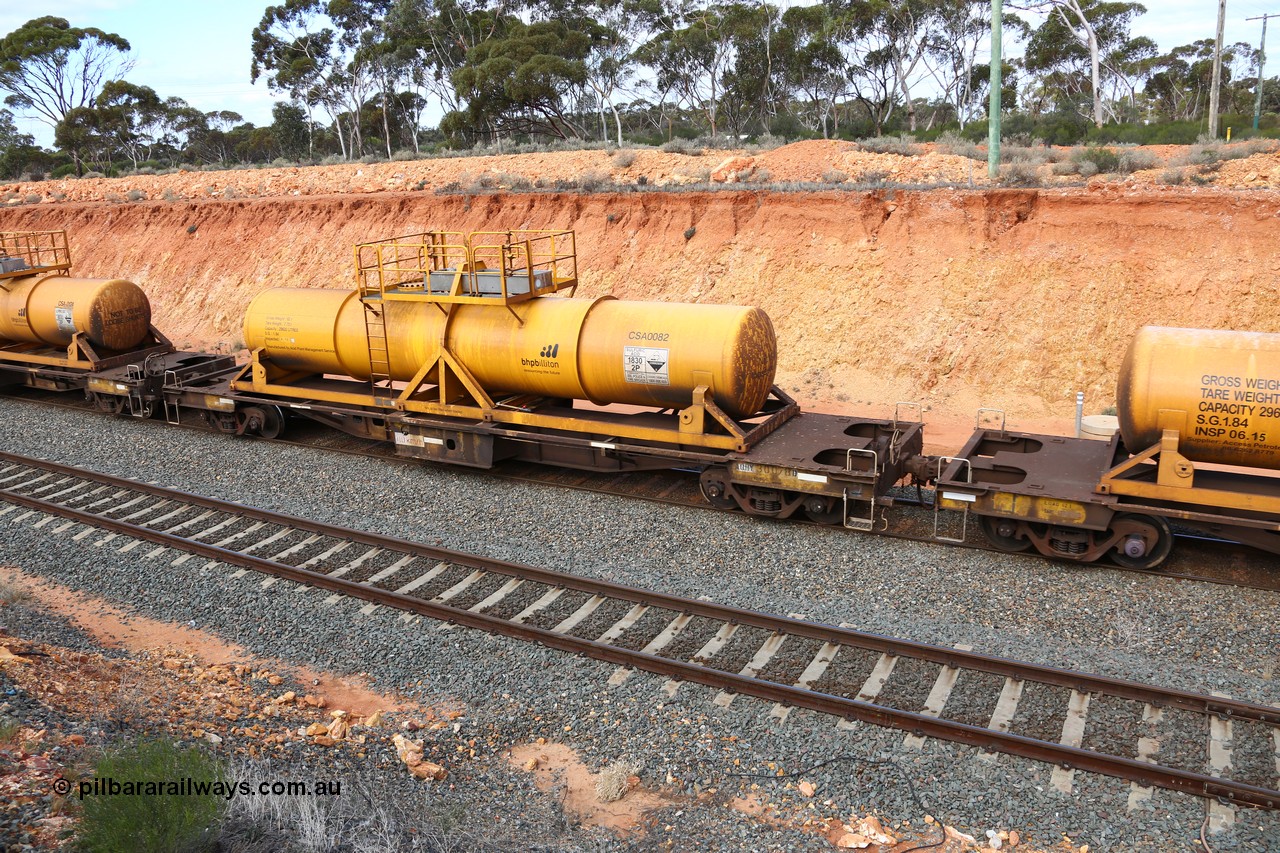 160525 4812
West Kalgoorlie, AQHY 30078 with sulphuric acid tank CSA 0082, originally built by WAGR Midland Workshops in 1964/66 as a WF type flat waggon, then in 1997, following several recodes and modifications, was one of seventy five waggons converted to the WQH type to carry CSA sulphuric acid tanks between Hampton/Kalgoorlie and Perth/Kwinana, part of empty acid train 4405 departing in the yard. CSA 0082 is one of twelve units built by Acid Plant Management Services, WA in 2015.
Keywords: AQHY-type;AQHY30078;WAGR-Midland-WS;WF-type;WFDY-type;WFDF-type;RFDF-type;WQH-type;