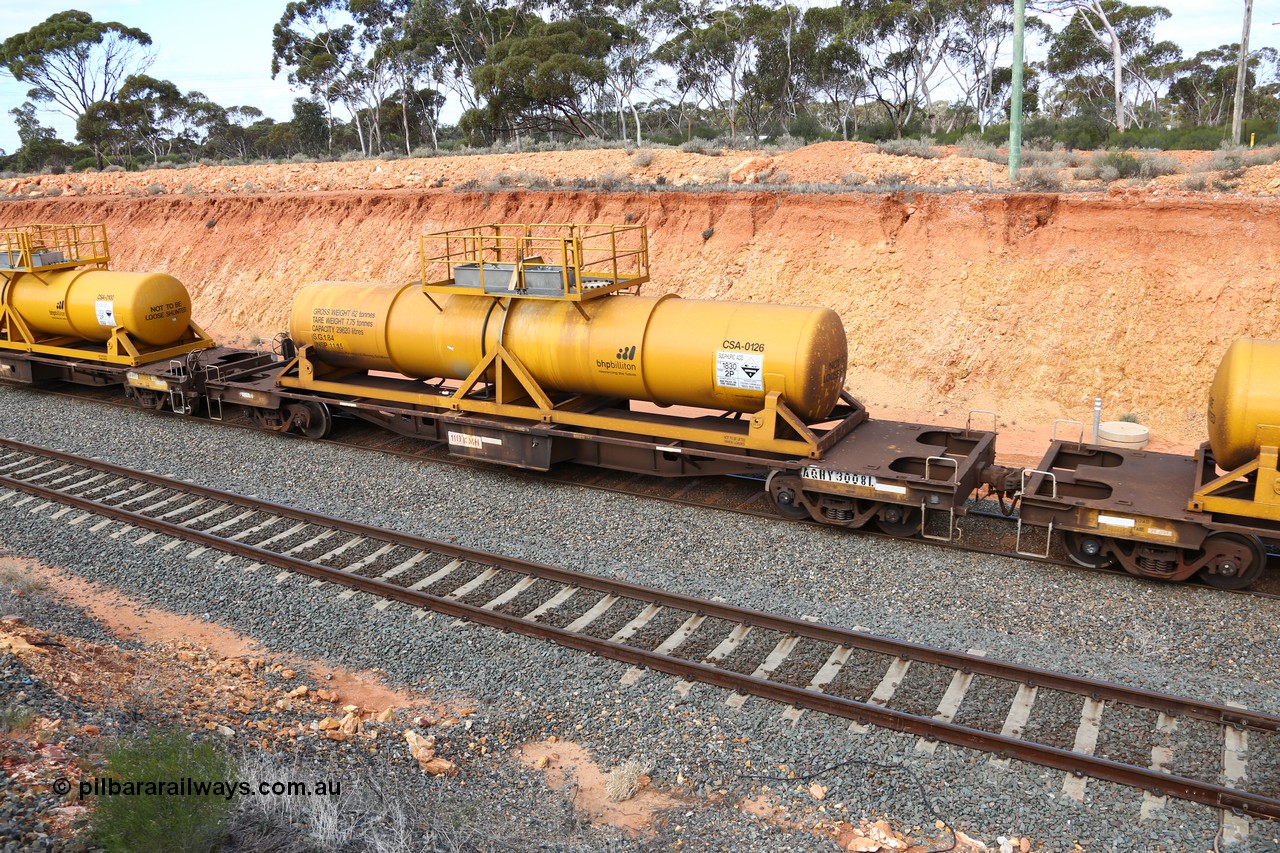 160525 4816
West Kalgoorlie, misnumbered AQHY 30088, plate shows AQHY 3008 L, with sulphuric acid tank CSA 0126, originally built by WAGR Midland Workshops in 1964/66 as a WF type flat waggon, then in 1997, following several recodes and modifications, was one of seventy five waggons converted to the WQH type to carry CSA sulphuric acid tanks between Hampton/Kalgoorlie and Perth/Kwinana, part of empty acid train 4405 departing in the yard. CSA 0126 was built by Vcare Engineering, India for Access Petrotec & Mining Solutions in 2015.
Keywords: AQHY-type;AQHY30088;WAGR-Midland-WS;WF-type;WFDY-type;WFDF-type;RFDF-type;WQH-type;