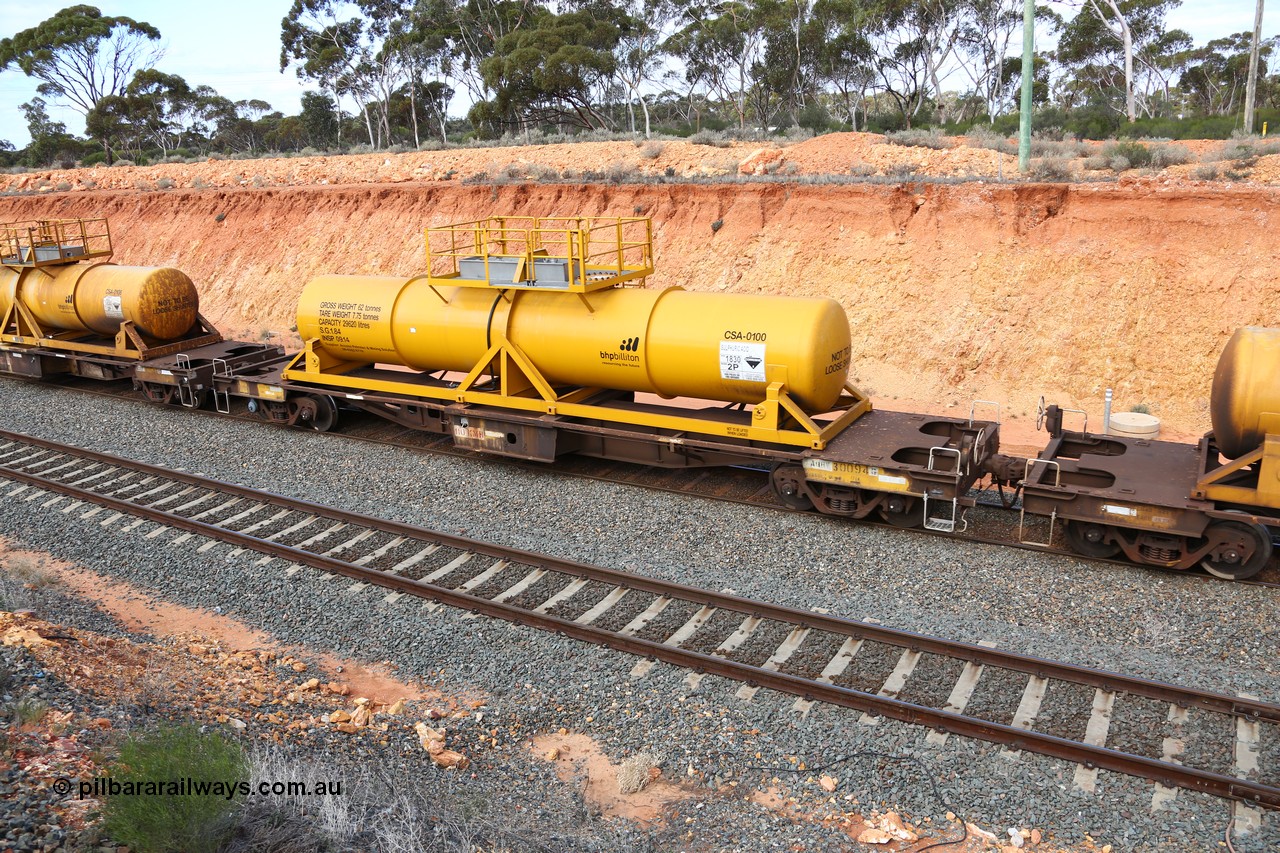 160525 4817
West Kalgoorlie, AQHY 30094 with sulphuric acid tank CSA 0100, originally built by WAGR Midland Workshops in 1964/66 as a WF type flat waggon, then in 1997, following several recodes and modifications, was one of seventy five waggons converted to the WQH type to carry CSA sulphuric acid tanks between Hampton/Kalgoorlie and Perth/Kwinana, part of empty acid train 4405 departing in the yard. CSA 0100 was built by Vcare Engineering, India for Access Petrotec & Mining Solutions in 2015.
Keywords: AQHY-type;AQHY30094;WAGR-Midland-WS;WF-type;WFDY-type;WFDF-type;RFDF-type;WQH-type;
