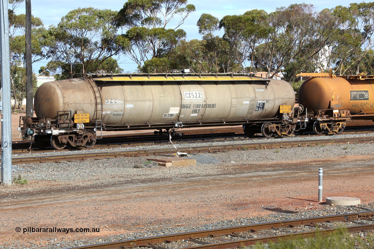 160525 4831
West Kalgoorlie, ATHY 522 fuel tanker, one of two built by Comeng NSW in 1971 for Caltex as WJH type. With a capacity of 103000 litres but a safe full level of on 72000 litres.
Keywords: ATHY-type;ATHY522;Comeng-NSW;WJH-type;WJHY-type;