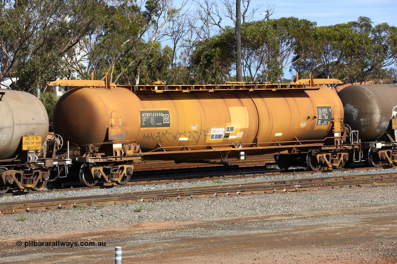 160525 4832
West Kalgoorlie, ATBY 14590 fuel tank waggon built by Westrail Midland Workshops in a batch of nine in 1981-82 for Bain Leasing Pty Ltd as type JPB, 82,000 litres for narrow gauge, recoded to JPBA in 1986, converted to standard gauge as WJPB.
Keywords: ATBY-type;ATBY14590;Westrail-Midland-WS;JPB-type;JPBA-type;WJPB-type;