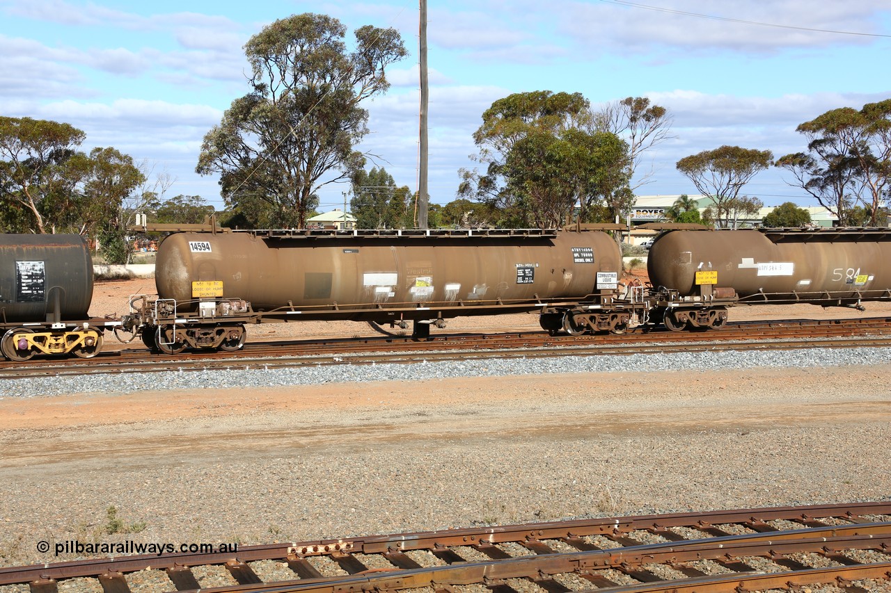160525 4834
West Kalgoorlie, ATBY 14594 fuel tanker, one of nine JPB type tankers built for Bain Leasing Pty Ltd by Westrail Midland Workshops in 1981/82 for narrow gauge recoded to JPBA, converted to standard gauge 1987 as WJPB. 82000 litre capacity, with a 72000 limit.
Keywords: ATBY-type;ATBY14594;Westrail-Midland-WS;JPB-type;JPBA-type;WJPB-type;