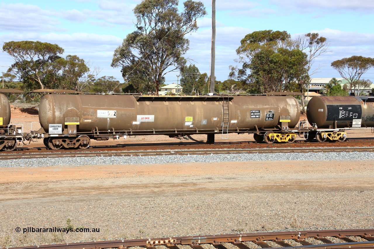 160525 4838
West Kalgoorlie, ATMF 552 fuel tank waggon, one of three built by Tulloch Limited NSW as WJM type in 1971 with a capacity of 96.25 kL one compartment one dome, current capacity of 80500 litres. 551 and 552 for Shell and 553 for BP Oil.
Keywords: ATMF-type;ATMF552;Tulloch-Ltd-NSW;WJM-type;