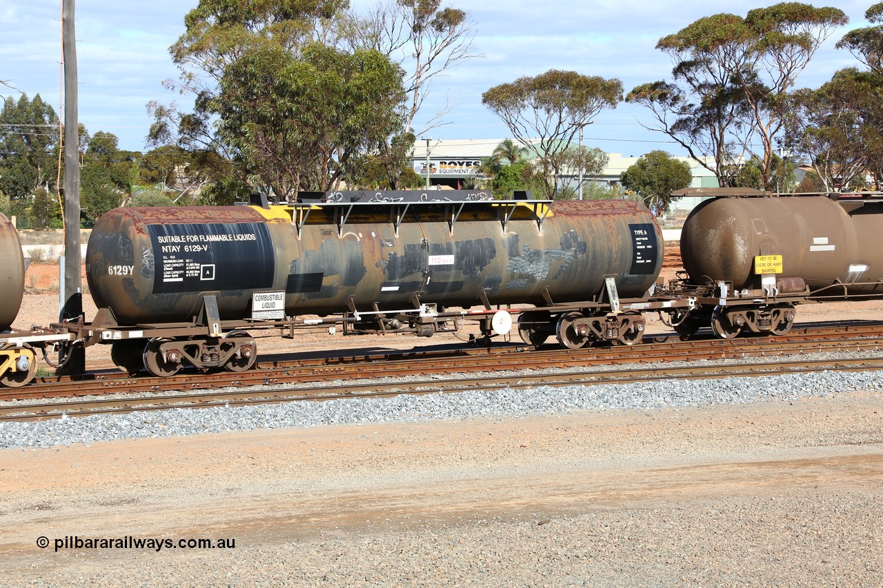 160525 4840
West Kalgoorlie, NTAY type tank waggon NTAY 6129, built by Industrial Engineering Qld in 1976 as an SCA type SCA 280 for Shell. Recoded to NTAF 280, then 6129, capacity of 61,300 litres.
Keywords: NTAY-type;NTAY6129;Indeng-Qld;SCA-type;SCA280;NTAF-type;
