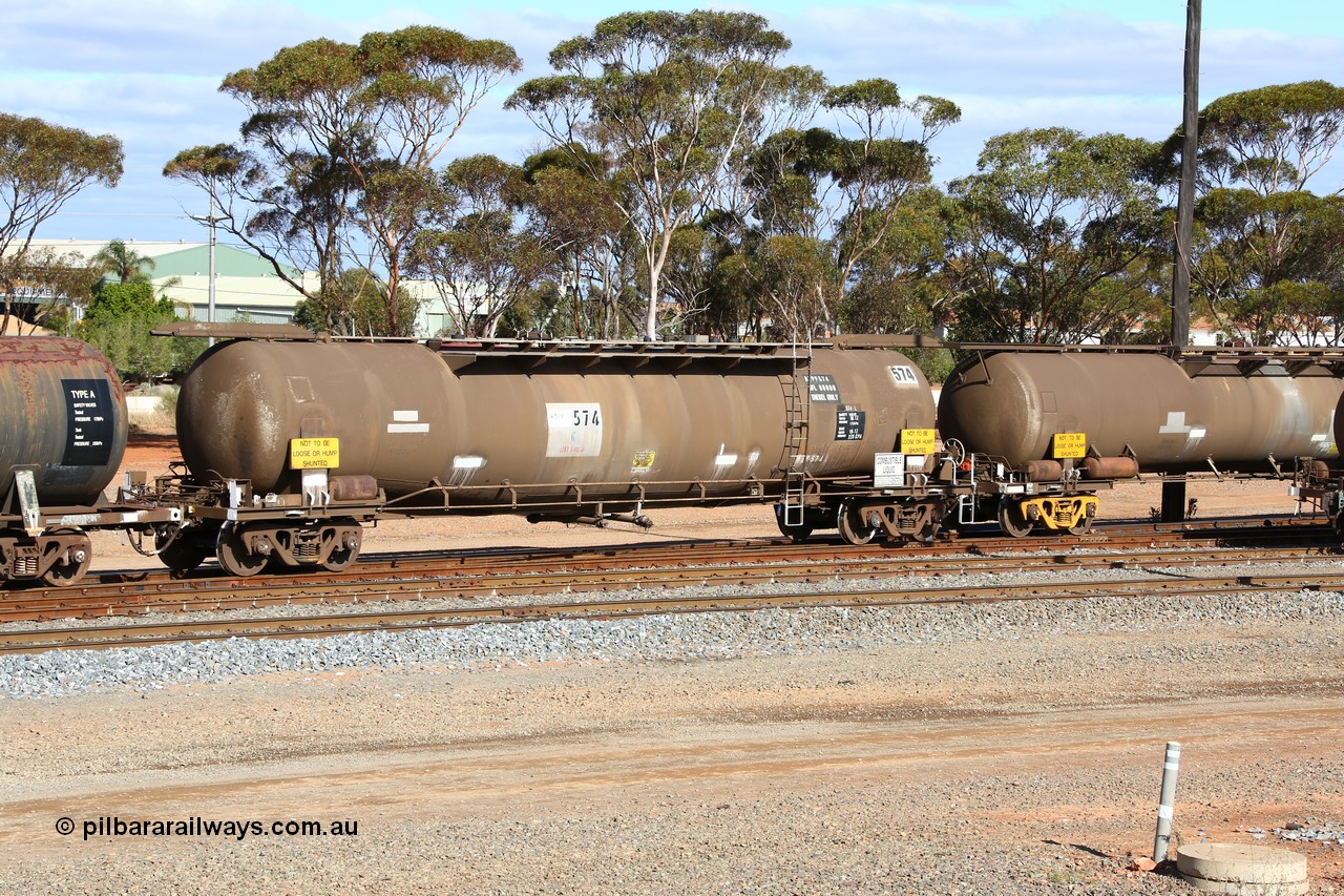 160525 4841
West Kalgoorlie, ATPF 574 fuel tanker, one of nine built by WAGR Midland Workshops in 1974 for Shell as type WJP, 80.66 kL one compartment one dome, original code and fleet no. TR709, with a capacity now of 80000 litres.
Keywords: ATPF-type;ATPF574;WAGR-Midland-WS;WJP-type;