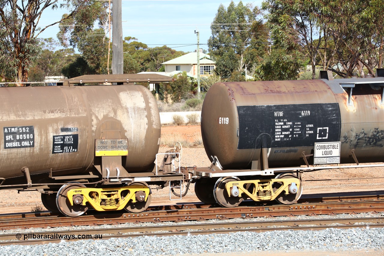 160525 4849
West Kalgoorlie, NTBF 6119 fuel tanker, originally built by Comeng NSW in 1975 as SCA type SCA 270 coupled to ATMF 552 built by Tulloch Limited NSW as type WJM in 1971.
Keywords: NTBF-type;NTBF6119;Comeng-NSW;SCA-type;SCA270;