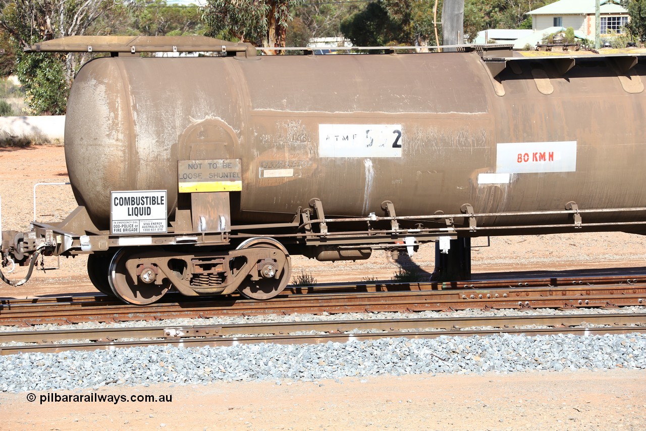 160525 4850
West Kalgoorlie, ATMF 552 fuel tank waggon, one of three built by Tulloch Limited NSW as WJM type in 1971 with a capacity of 96.25 kL one compartment one dome, current capacity of 80500 litres. 551 and 552 for Shell and 553 for BP Oil.
Keywords: ATMF-type;ATMF552;Tulloch-Ltd-NSW;WJM-type;