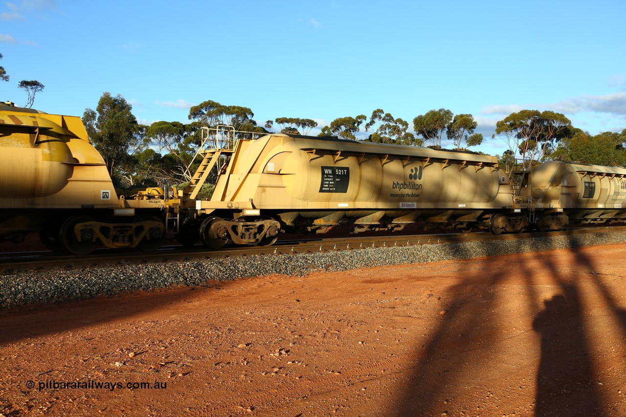 160525 5190
Binduli, nickel concentrate train 4438, pneumatic discharge nickel concentrate waggon WN 521, one of thirty built by AE Goodwin NSW as WN type in 1970 for WMC.
Keywords: WN-type;WN521;AE-Goodwin;