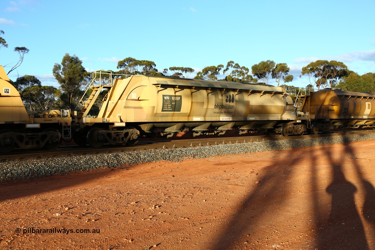 160525 5191
Binduli, nickel concentrate train 4438, pneumatic discharge nickel concentrate waggon WN 518, one of thirty built by AE Goodwin NSW as WN type in 1970 for WMC.
Keywords: WN-type;WN518;AE-Goodwin;
