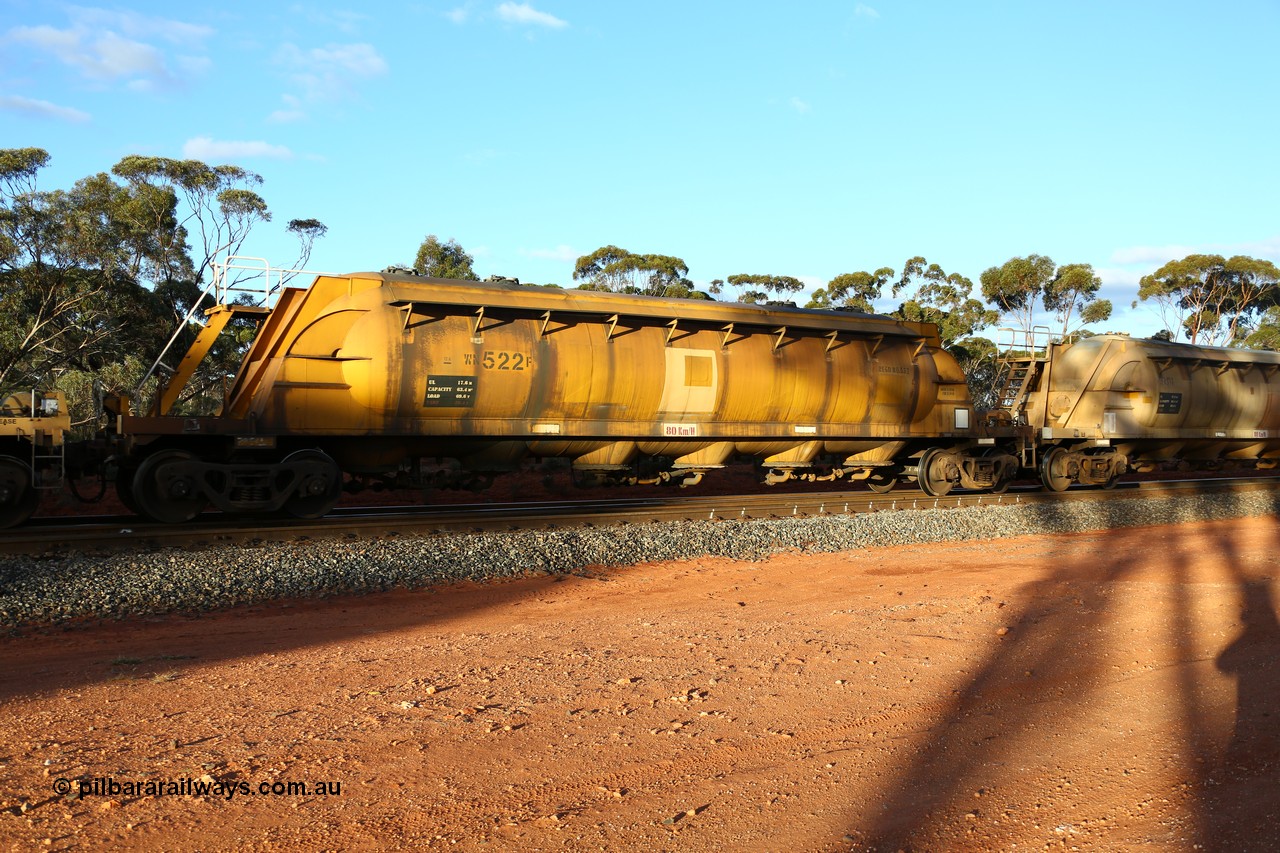 160525 5192
Binduli, nickel concentrate train 4438, pneumatic discharge nickel concentrate waggon WN 522, one of thirty built by AE Goodwin NSW as WN type in 1970 for WMC.
Keywords: WN-type;WN522;AE-Goodwin;