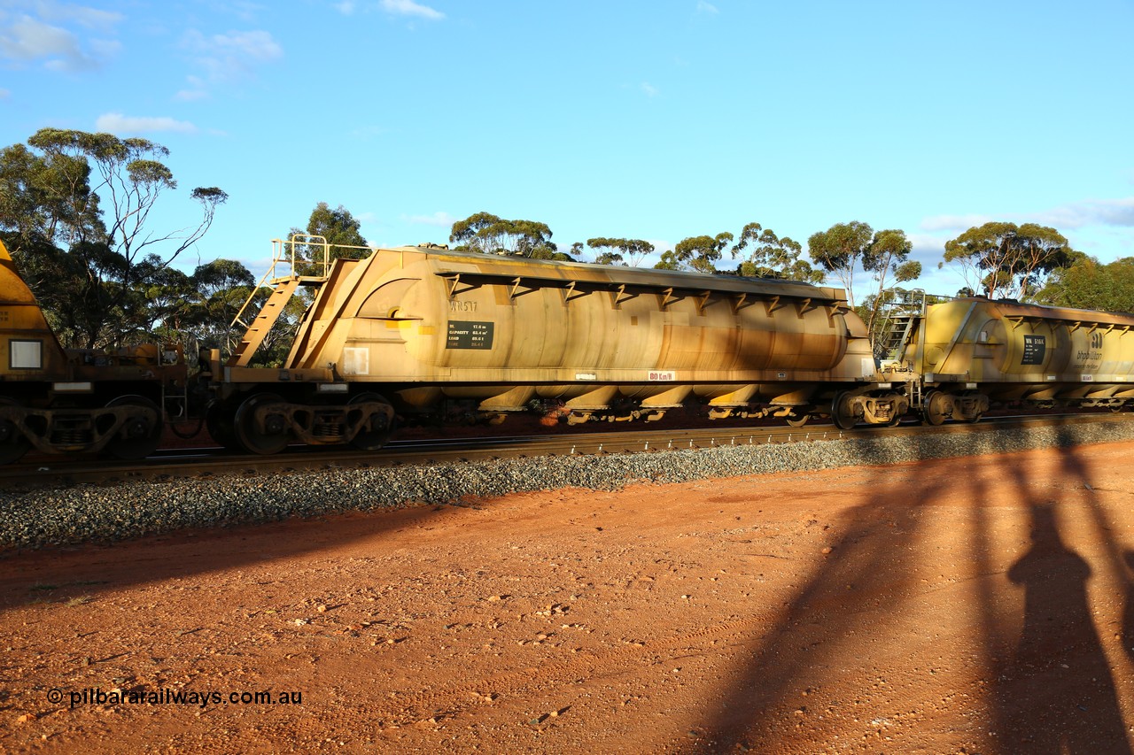 160525 5193
Binduli, nickel concentrate train 4438, pneumatic discharge nickel concentrate waggon WN 517, one of thirty built by AE Goodwin NSW as WN type in 1970 for WMC.
Keywords: WN-type;WN517;AE-Goodwin;