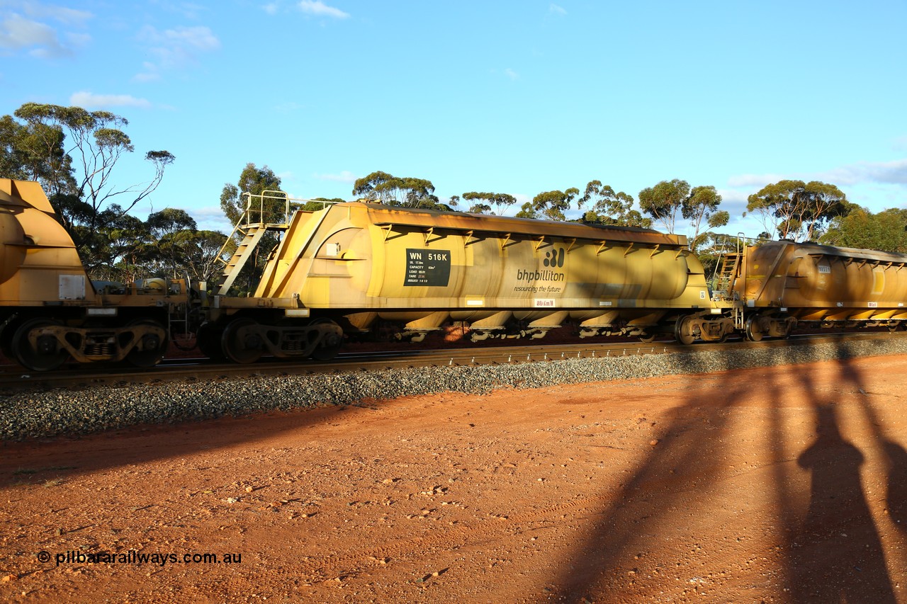 160525 5194
Binduli, nickel concentrate train 4438, pneumatic discharge nickel concentrate waggon WN 516, one of thirty built by AE Goodwin NSW as WN type in 1970 for WMC.
Keywords: WN-type;WN516;AE-Goodwin;