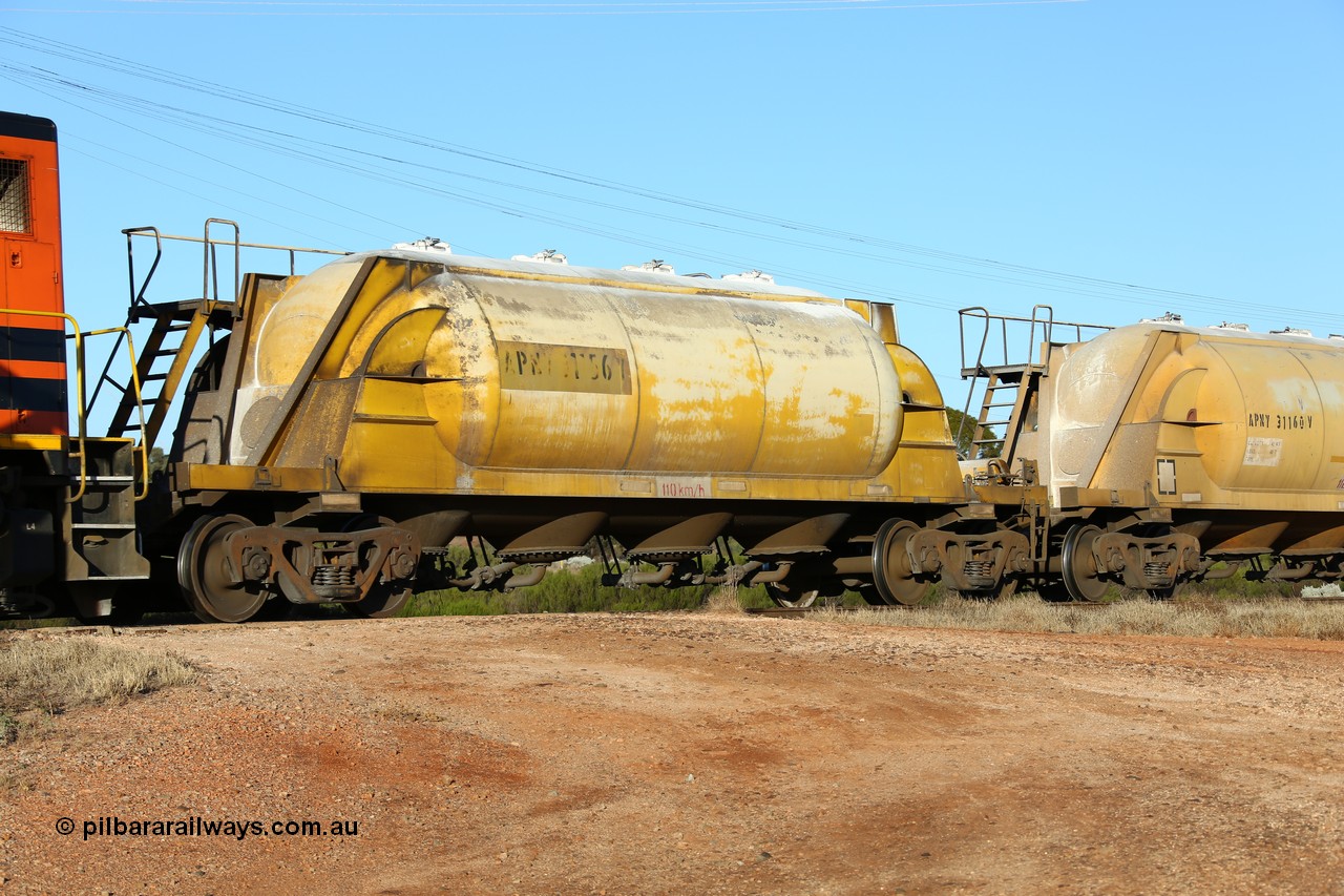 160527 5479
Parkeston, loaded lime and cement shunt train 2C71 from West Kalgoorlie to Parkeston for Cockburn Lime. APNY 31156, one of twelve built by WAGR Midland Workshops in 1974 as WNA type pneumatic discharge nickel concentrate waggon, WAGR built and owned copies of the AE Goodwin built WN waggons for WMC.
Keywords: APNY-type;APNY31156;WAGR-Midland-WS;WNA-type;