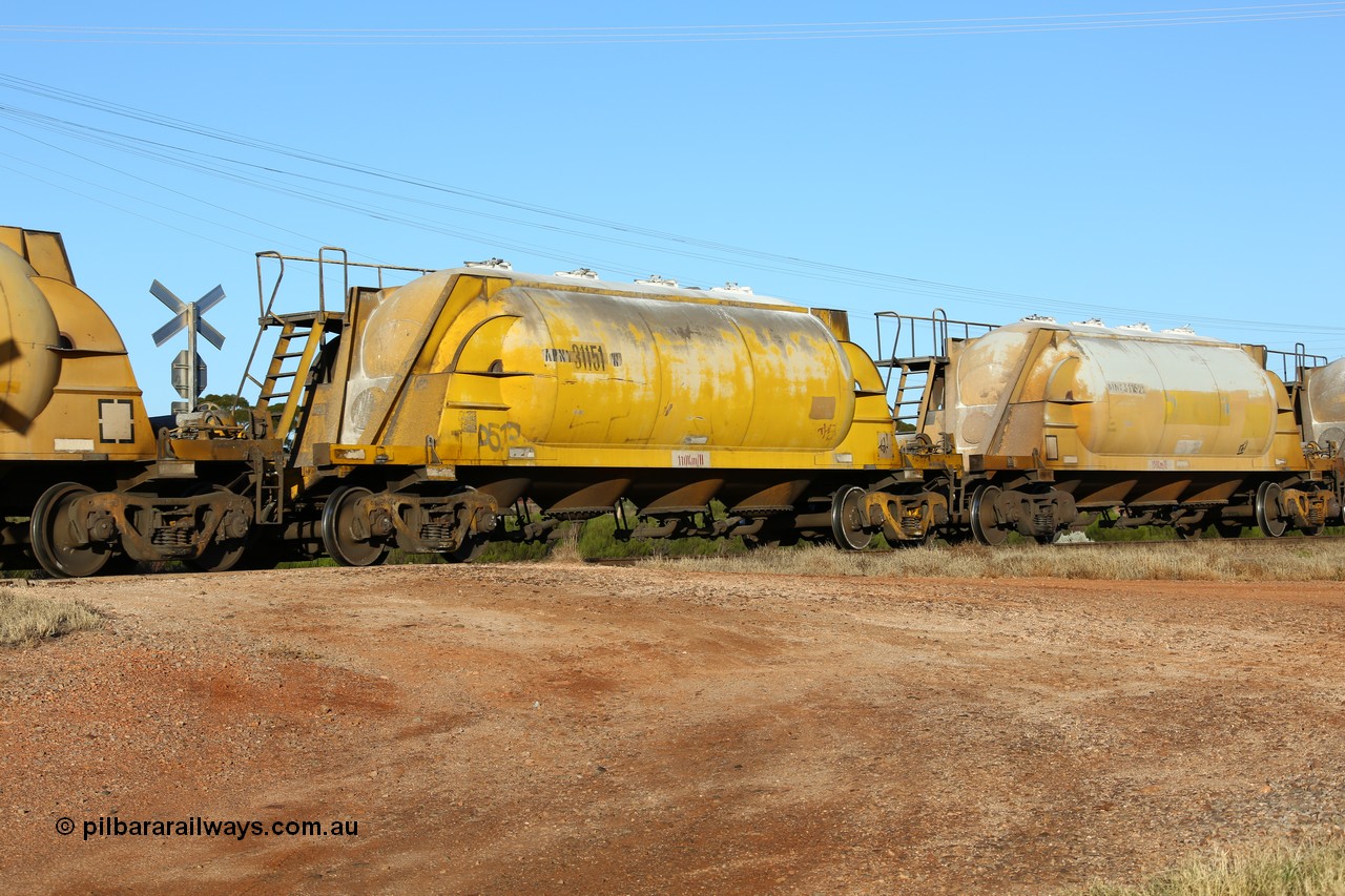 160527 5481
Parkeston, loaded lime and cement shunt train 2C71 from West Kalgoorlie to Parkeston for Cockburn Lime. APNY 31151, type leader of twelve built by WAGR Midland Workshops in 1974 as WNA type pneumatic discharge nickel concentrate waggon, WAGR built and owned copies of the AE Goodwin built WN waggons for WMC.
Keywords: APNY-type;APNY31151;WAGR-Midland-WS;WNA-type;