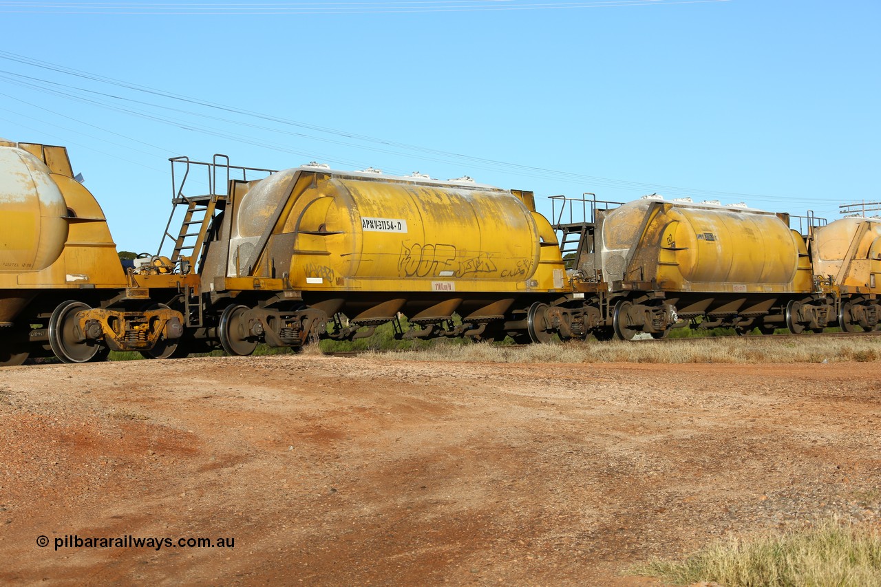 160527 5483
Parkeston, loaded lime and cement shunt train 2C71 from West Kalgoorlie to Parkeston for Cockburn Lime. APNY 31154, one of twelve built by WAGR Midland Workshops in 1974 as WNA type pneumatic discharge nickel concentrate waggon, WAGR built and owned copies of the AE Goodwin built WN waggons for WMC.
Keywords: APNY-type;APNY31154;WAGR-Midland-WS;WNA-type;