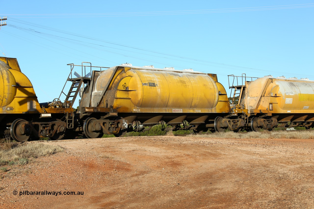 160527 5484
Parkeston, loaded lime and cement shunt train 2C71 from West Kalgoorlie to Parkeston for Cockburn Lime. APNY 31163, one of four built by Westrail Midland Workshops in 1978 as WNA type pneumatic discharge nickel concentrate waggon, WAGR built and owned copies of the AE Goodwin built WN waggons for WMC.
Keywords: APNY-type;APNY31163;Westrail-Midland-WS;WNA-type;