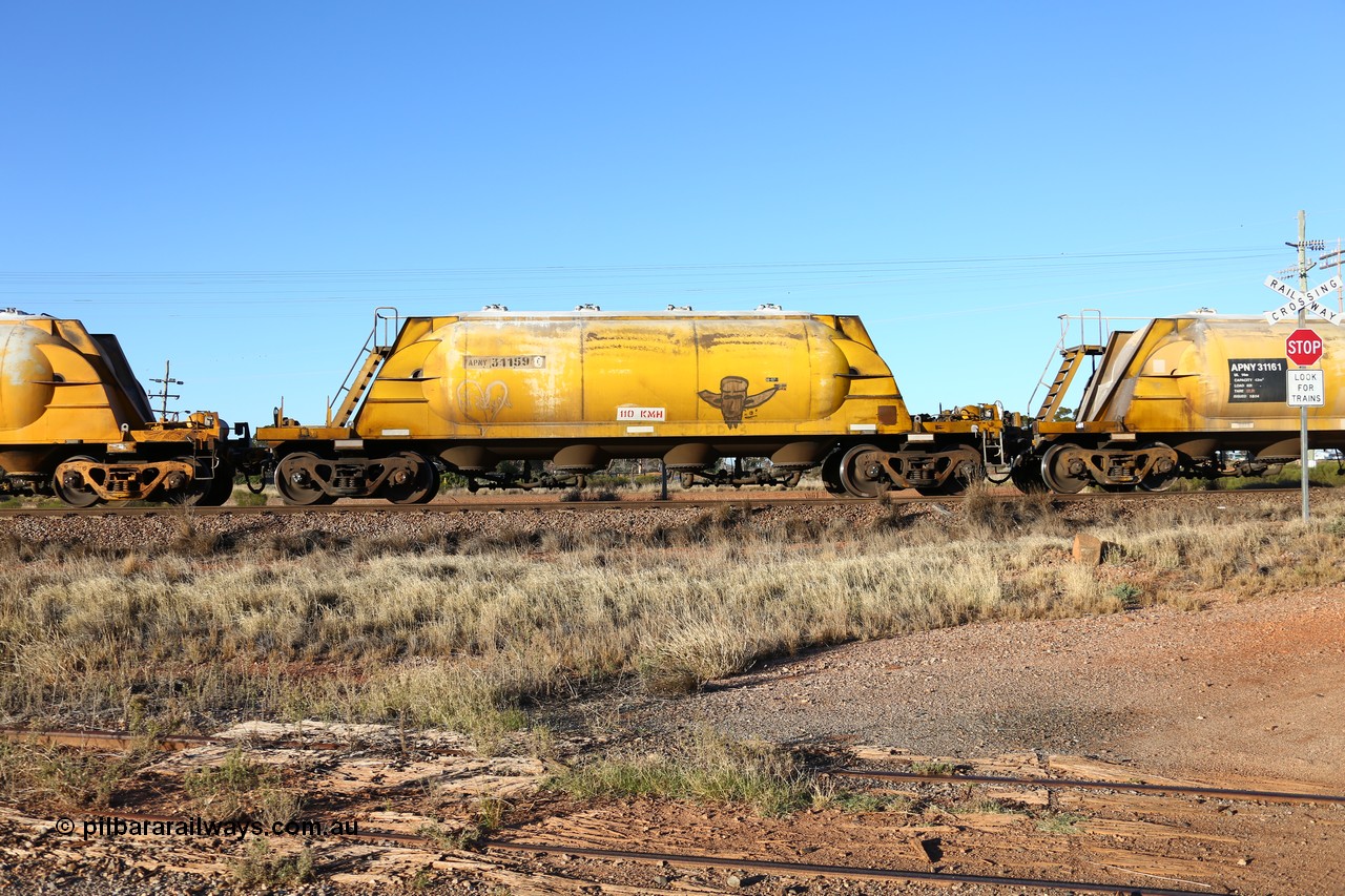 160527 5486
Parkeston, loaded lime and cement shunt train 2C71 from West Kalgoorlie to Parkeston for Cockburn Lime. APNY 31159, one of twelve built by WAGR Midland Workshops in 1974 as WNA type pneumatic discharge nickel concentrate waggon, WAGR built and owned copies of the AE Goodwin built WN waggons for WMC.
Keywords: APNY-type;APNY31159;WAGR-Midland-WS;WNA-type;
