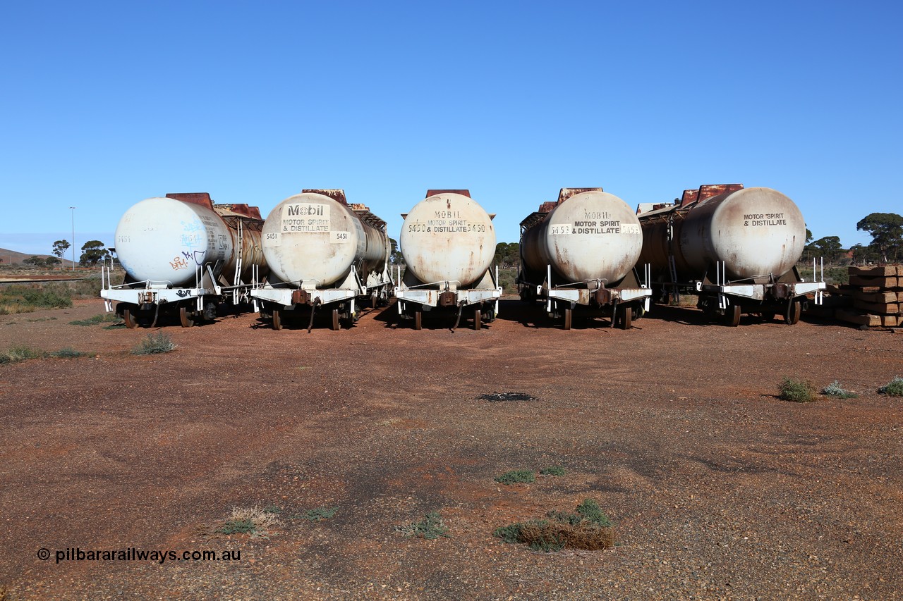160528 8365
Parkeston, near the quarantine station, stored former Mobil Oil NSW NTAF waggons, from left: NTAF 5454, 5451, 5450, 5453 and 5449. I think these are Indeng Qld built NTAF waggons from a batch of seven such tanks built for Mobil of NSW in 1981 and numbered NTAF 449 to 455.
Keywords: NTAF-type;NTAF5454;NTAF5451;NTAF5450;NTAF5453;NTAF5449;Indeng-Qld;NTAF454;NTAF450;NTAF453;NTAF449;
