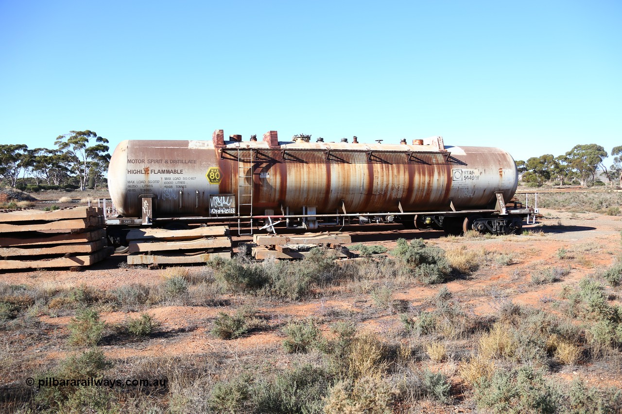 160528 8367
Parkeston, near the quarantine station, stored former Mobil Oil NSW NTAF waggon NTAF 5449. I think was built by Indeng Qld as an NTAF type and the leader from a batch of seven such tanks built for Mobil of NSW in 1981 and numbered NTAF 449 to 455.
Keywords: NTAF-type;NTAF5449;Indeng-Qld;NTAF449;