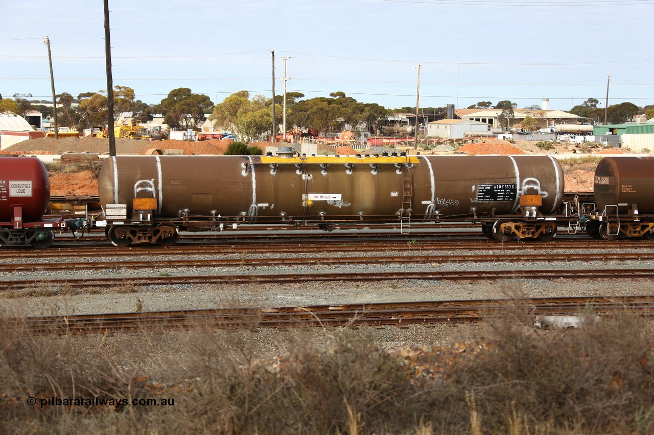 160531 9621
West Kalgoorlie, diesel fuel tanker ATMY 553, built by Tulloch Ltd NSW for BP Oil in 1971 as WJM type, capacity of 102000 litres, diesel capacity of 76000 litres, refurbished by Gemco WA in Oct 2015.
Keywords: ATMY-type;ATMY553;Tulloch-Ltd-NSW;WJM-type;