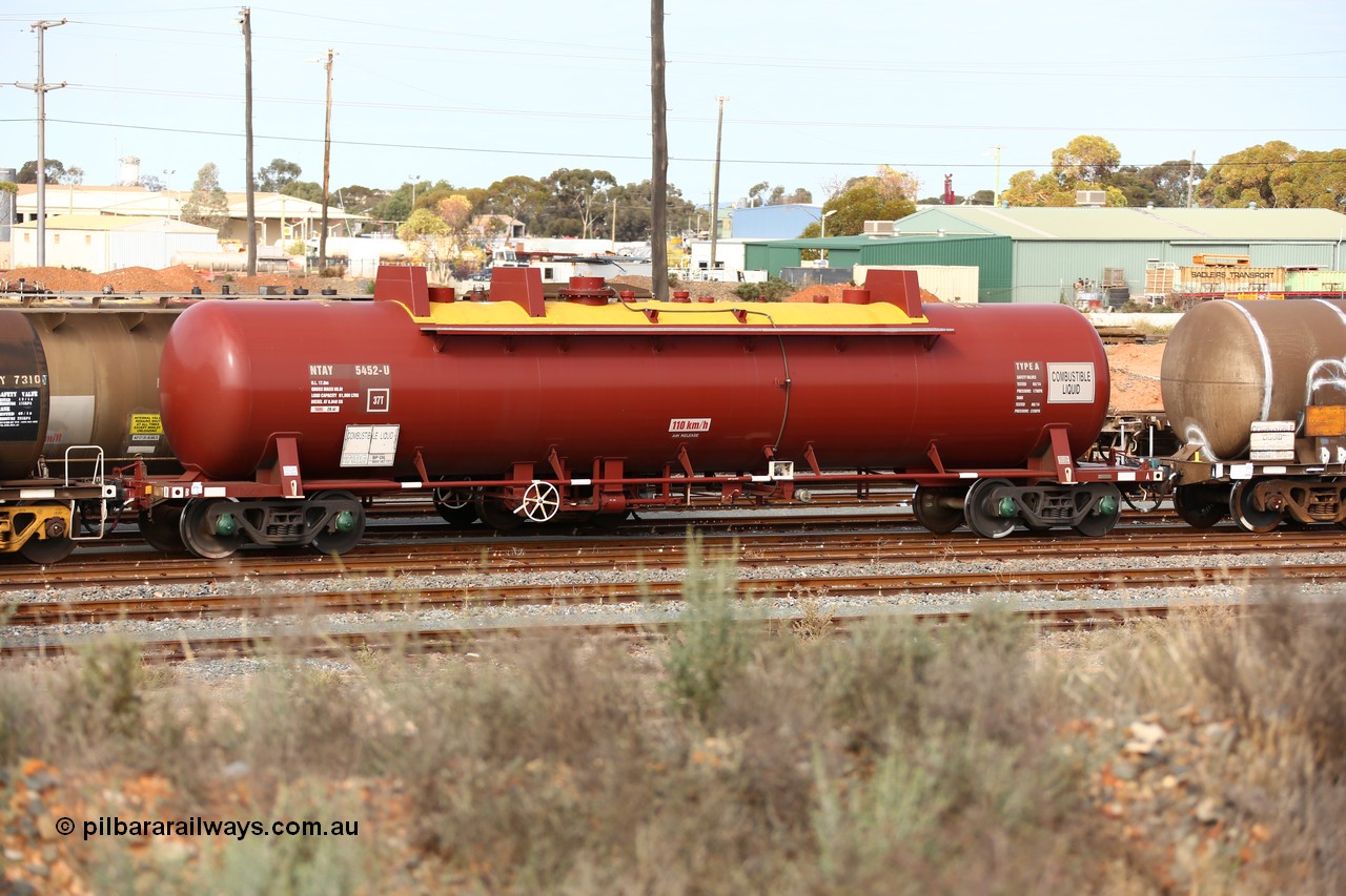 160531 9622
West Kalgoorlie, NTAY type fuel tank waggon NTAY 5452, orignally built by Indeng Qld for Mobil as part of a batch of seven NTAF tanks in 1981 as NTAF 452. Refurbished by Gemco WA for BP Oil, capacity of 61000 litres.
Keywords: NTAY-type;NTAY5452;Indeng-Qld;NTAF-type;NTAF452;