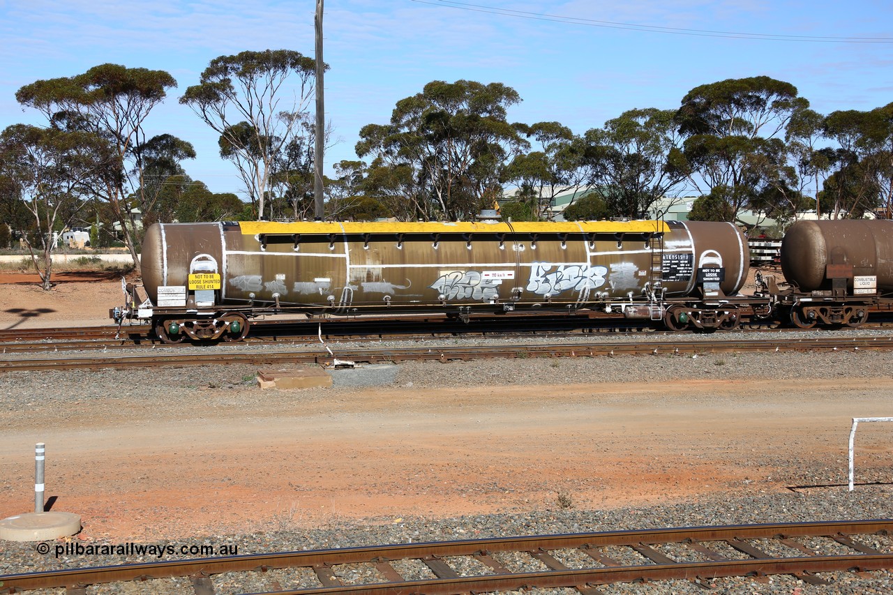 160531 9870
West Kalgoorlie, ATKY 515 fuel tank waggon built by Tulloch Ltd NSW in 1971 along with sister 516 for BP Oil as WJK type 93,000 litres three compartment and three domes, refurbished by Gemco WA Dec 2015, current capacity is probably 80500 litres in line with the rest of the fleet.
Keywords: ATKY-type;ATKY515;Tulloch-Ltd-NSW;WJK-type;WJKY-type;