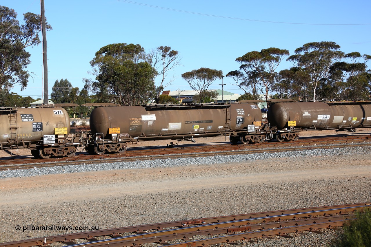 160531 9958
West Kalgoorlie, ATPF 580 fuel tank waggon built by WAGR Midland Workshops 1976 for Shell as type WJP, 80.66 kL one compartment one dome, capacity of 80500 litres, fitted with type F InterLock couplers, Shell Fleet no. TR715 still visible.
Keywords: ATPF-type;ATPF580;WAGR-Midland-WS;WJP-type;