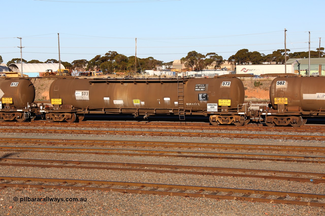 160601 10074
West Kalgoorlie, ATPF 573 fuel tank waggon built by WAGR Midland Workshops 1974 for Shell as WJP type 80.66 kL one compartment one dome, capacity of 80500 litres, Shell Fleet No. 708.
Keywords: ATPF-type;ATPF573;WAGR-Midland-WS;WJP-type;