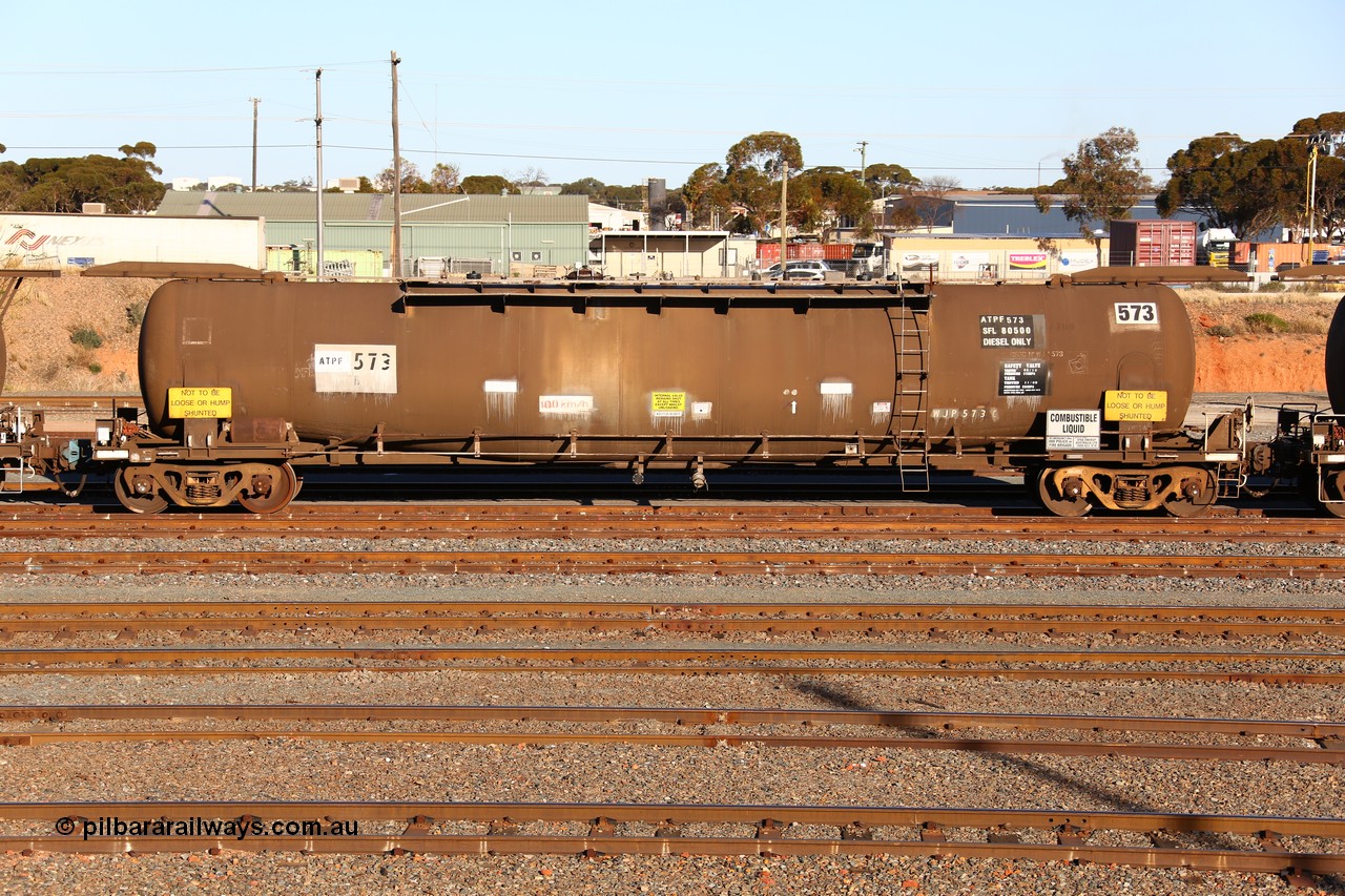 160601 10076
West Kalgoorlie, ATPF 573 fuel tank waggon built by WAGR Midland Workshops 1974 for Shell as WJP type 80.66 kL one compartment one dome, capacity of 80500 litres, Shell Fleet No. 708.
Keywords: ATPF-type;ATPF573;WAGR-Midland-WS;WJP-type;