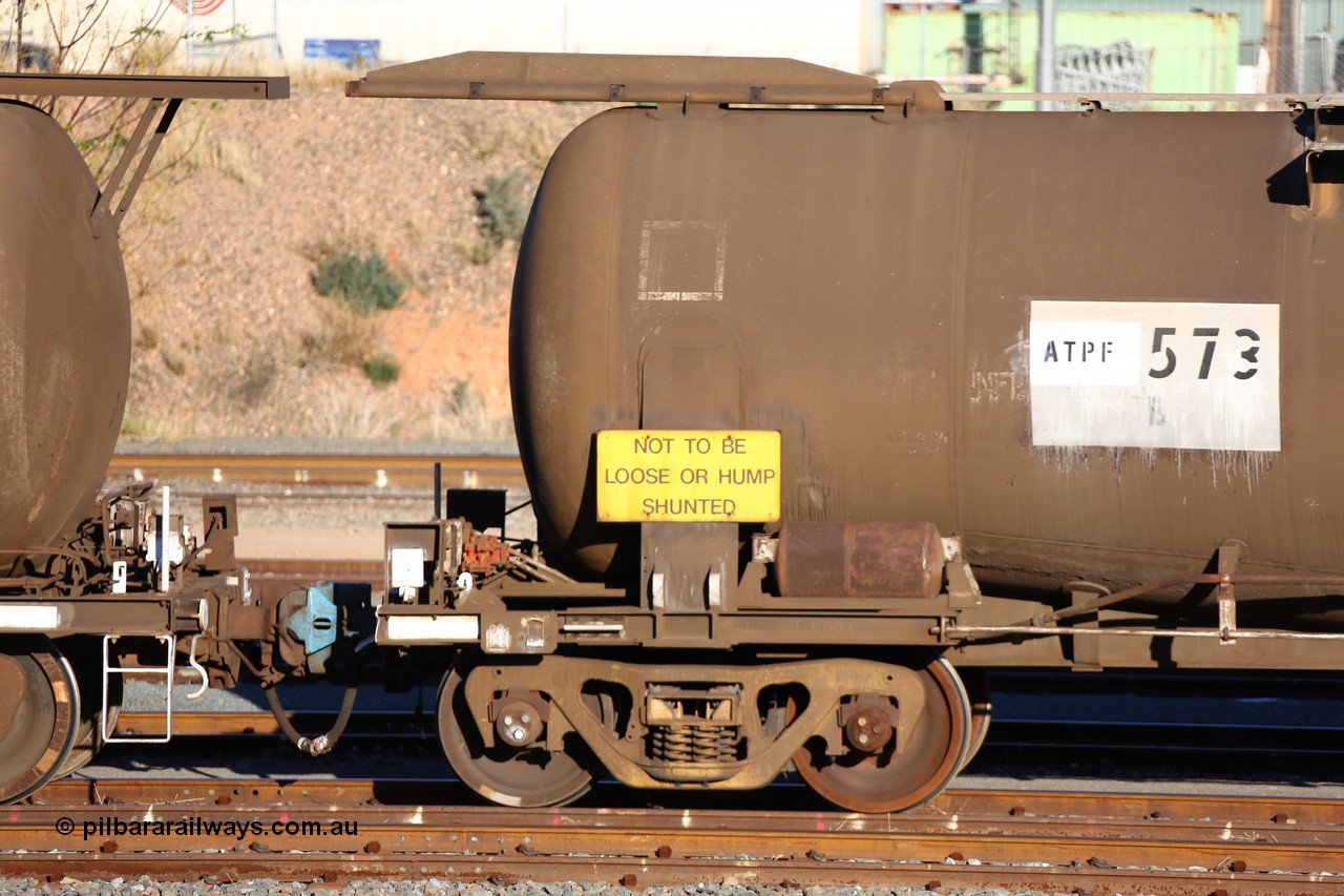 160601 10077
West Kalgoorlie, ATPF 573 fuel tank waggon built by WAGR Midland Workshops 1974 for Shell as WJP type 80.66 kL one compartment one dome, capacity of 80500 litres, Shell Fleet No. 708. Detail of grade control and brake valve end.
Keywords: ATPF-type;ATPF573;WAGR-Midland-WS;WJP-type;